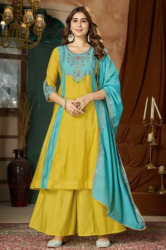 Designer mal chanderi kurta palazzo dupatta for women