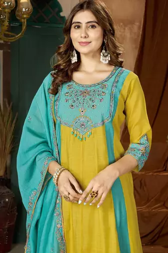 Designer mal chanderi kurta palazzo dupatta for women