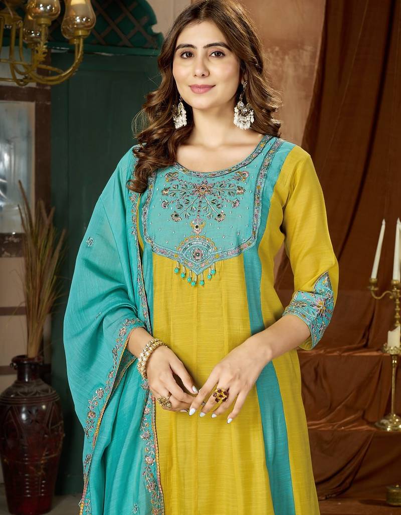 Designer mal chanderi kurta palazzo dupatta for women