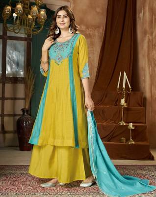 Designer mal chanderi kurta palazzo dupatta for women 3