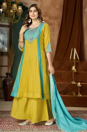 Designer mal chanderi kurta palazzo dupatta for women