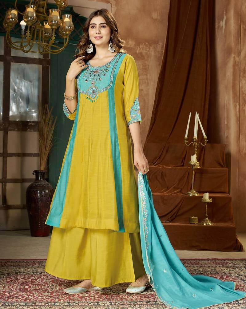 Designer mal chanderi kurta palazzo dupatta for women