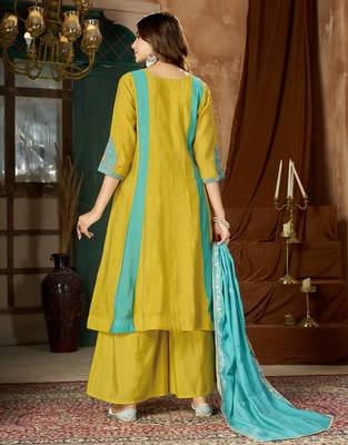 Designer mal chanderi kurta palazzo dupatta for women 4