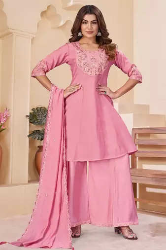 Designer mal chanderi kurta palazzo dupatta for women