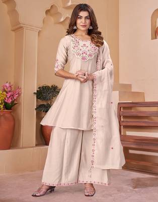 Designer mal chanderi kurta palazzo dupatta for women 1