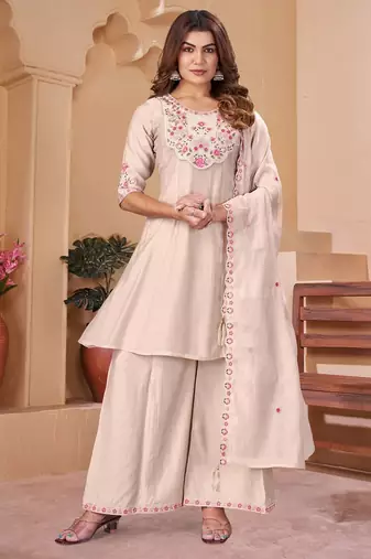 Designer mal chanderi kurta palazzo dupatta for women