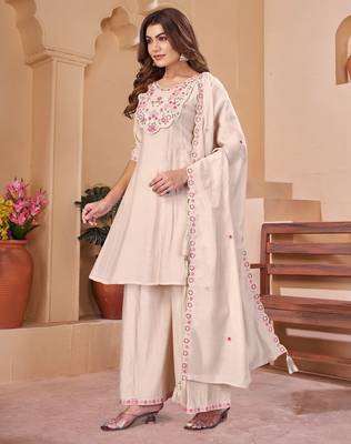 Designer mal chanderi kurta palazzo dupatta for women 3