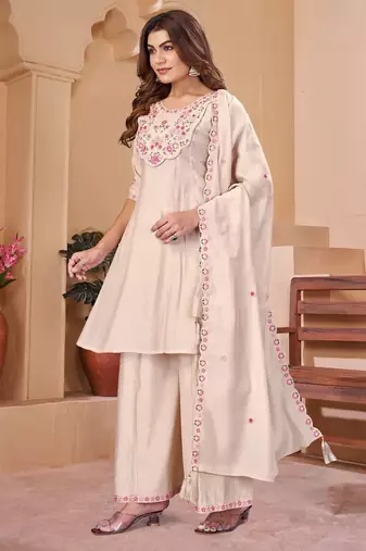 Designer mal chanderi kurta palazzo dupatta for women