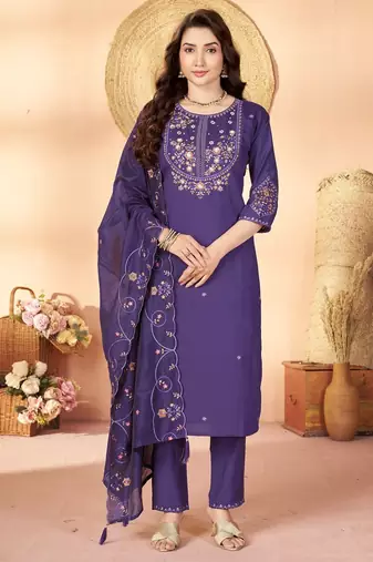 Designer embroidery thread work kurta pant dupatta for women