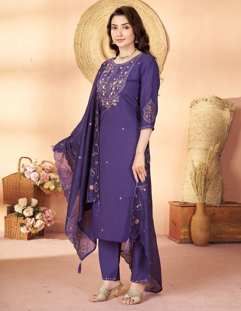 Designer embroidery thread work kurta pant dupatta for women