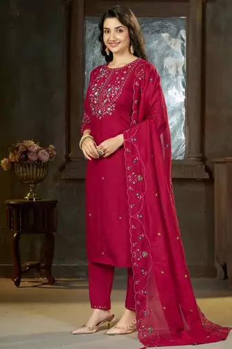 Designer embroidery thread work kurta pant dupatta for women