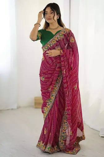 Pink bandhani embroidered bandhani printed saree