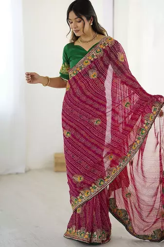 Pink bandhani embroidered bandhani printed saree