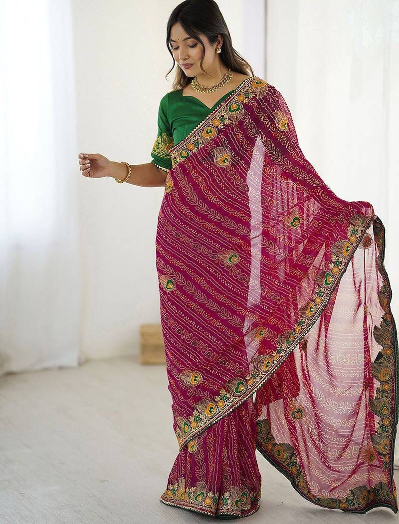 Pink bandhani embroidered bandhani printed saree