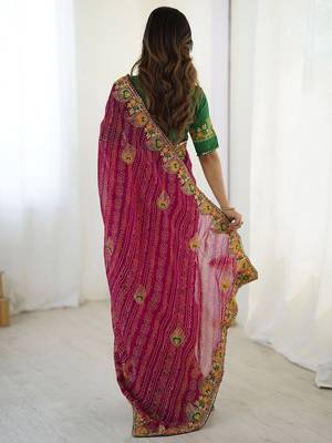 Pink bandhani embroidered bandhani printed saree 3