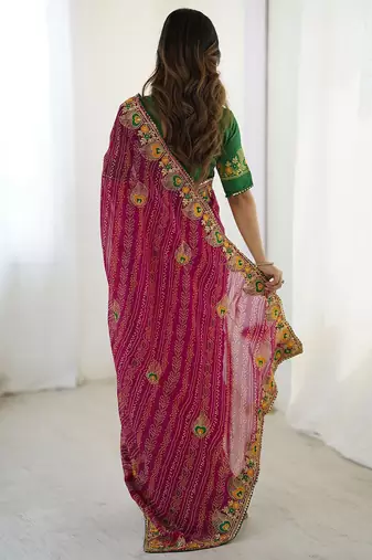Pink bandhani embroidered bandhani printed saree