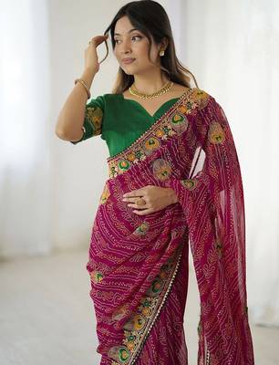 Pink bandhani embroidered bandhani printed saree 4