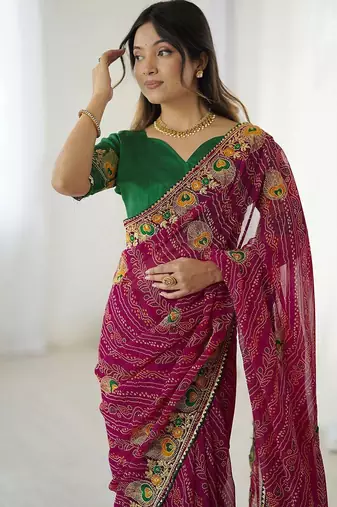Pink bandhani embroidered bandhani printed saree