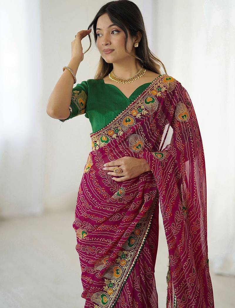Pink bandhani embroidered bandhani printed saree