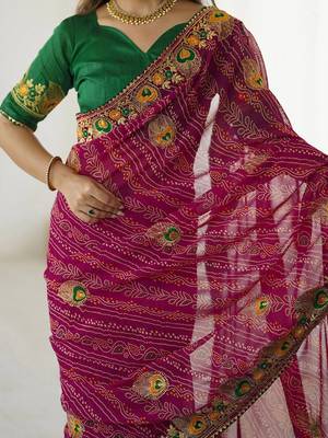 Pink bandhani embroidered bandhani printed saree 5
