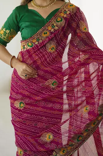 Pink bandhani embroidered bandhani printed saree