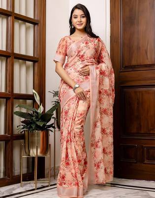 Peach floral printed zari blend ready to wear saree 1