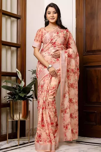 Peach floral printed zari blend ready to wear saree