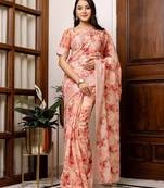 Peach floral printed zari blend ready to wear saree