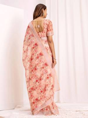 Peach floral printed zari blend ready to wear saree 2