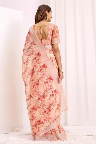 Peach floral printed zari blend ready to wear saree