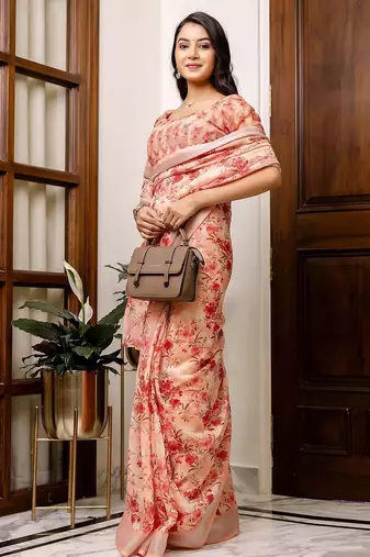 Peach floral printed zari blend ready to wear saree