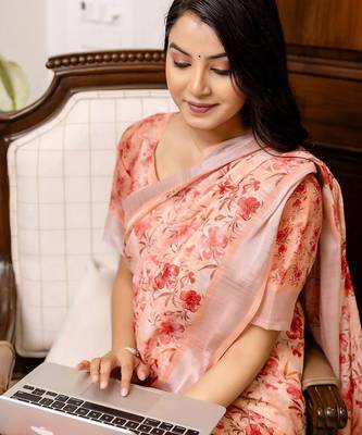Peach floral printed zari blend ready to wear saree 4