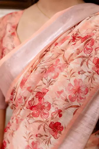 Peach floral printed zari blend ready to wear saree