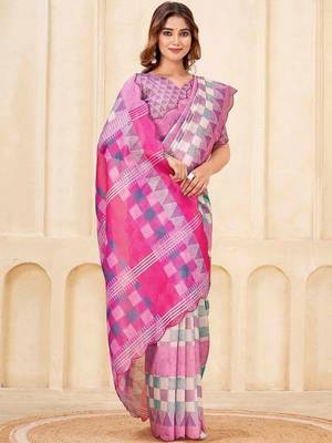 Pink geometric printed silk cotton saree with blouse 1