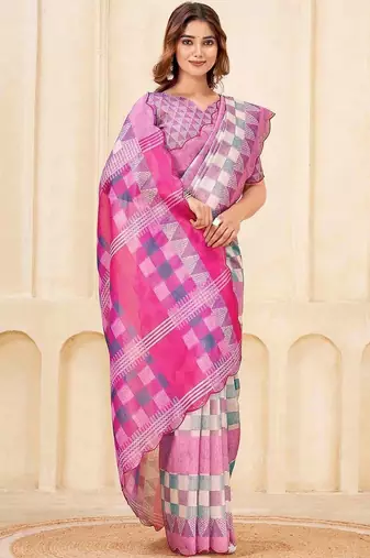 Pink geometric printed silk cotton saree with blouse