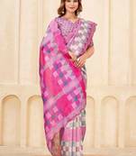 Pink geometric printed silk cotton saree with blouse