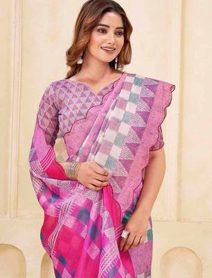 Pink geometric printed silk cotton saree with blouse 2