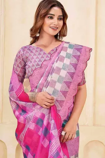 Pink geometric printed silk cotton saree with blouse