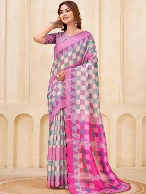 Pink geometric printed silk cotton saree with blouse 3