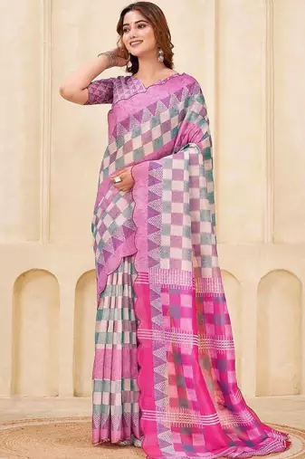 Pink geometric printed silk cotton saree with blouse