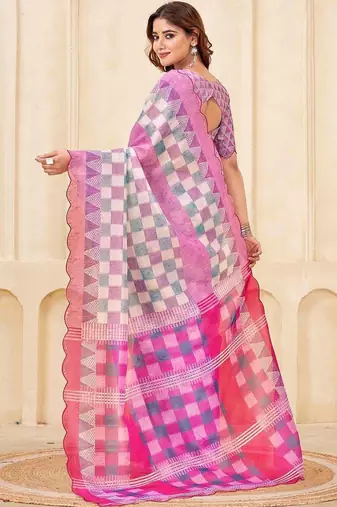 Pink geometric printed silk cotton saree with blouse
