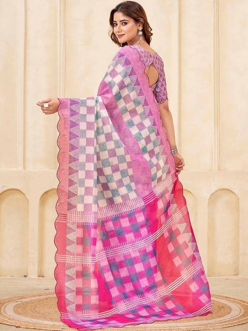 Pink geometric printed silk cotton saree with blouse
