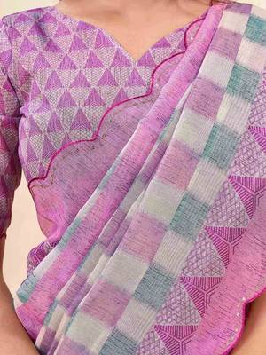 Pink geometric printed silk cotton saree with blouse 5