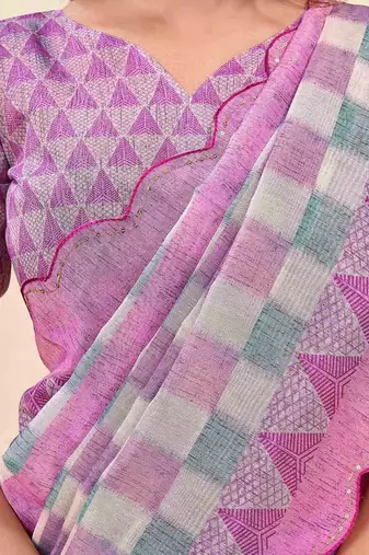Pink geometric printed silk cotton saree with blouse