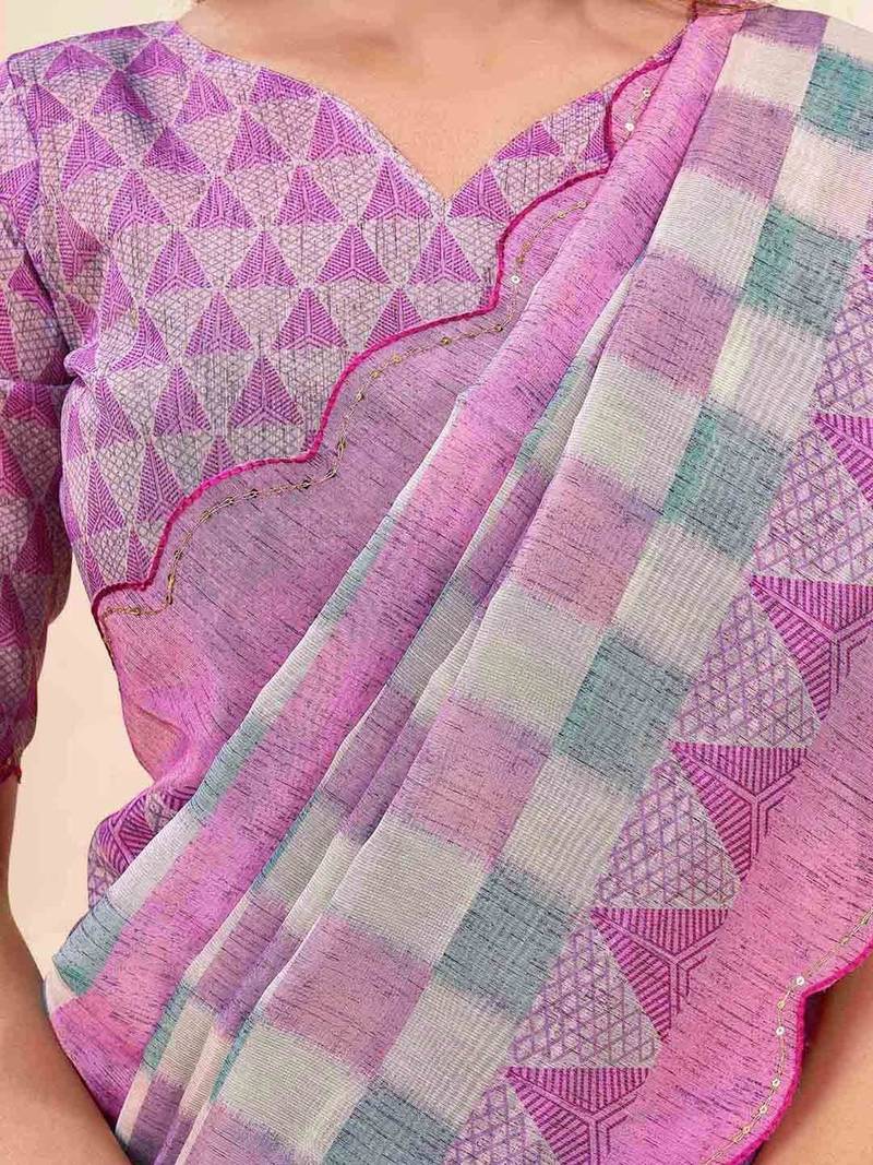 Pink geometric printed silk cotton saree with blouse