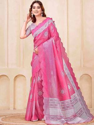 Pink floral printed silk cotton saree with blouse 1
