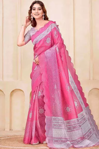 Pink floral printed silk cotton saree with blouse