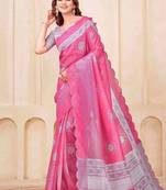 Pink floral printed silk cotton saree with blouse