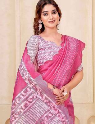 Pink floral printed silk cotton saree with blouse 2