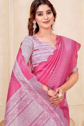 Pink floral printed silk cotton saree with blouse